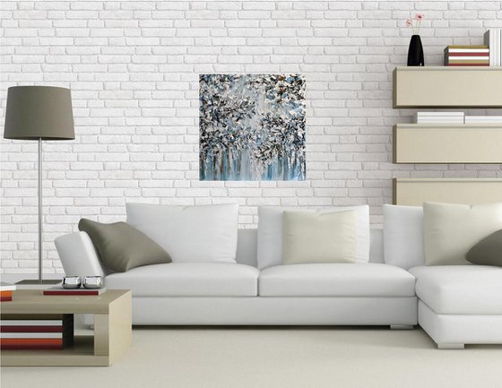 Winter Glow - Textured Abstract Silver, White, Blue Painting, Palette Knife Art