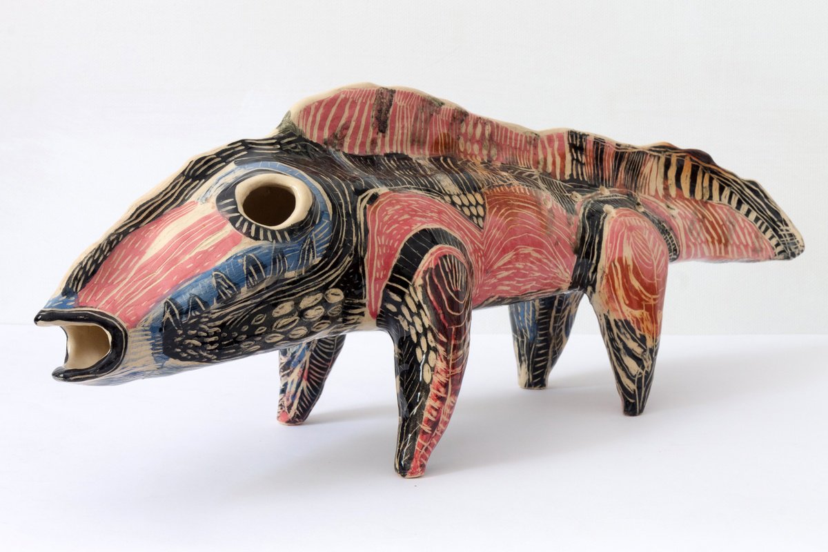 Naive Animal Clay Sculpture By Yuliia Dunaieva, 20 X 7", Beast, Original Artwork