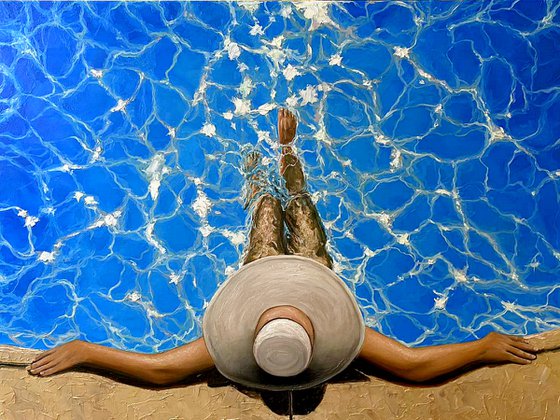 "Aqua Mood" 70 x 100 cm / woman in pool / photorealism / water/ summer