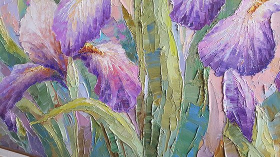 Painting " Flowers of Iris " original oil artwork, impasto, palette knife