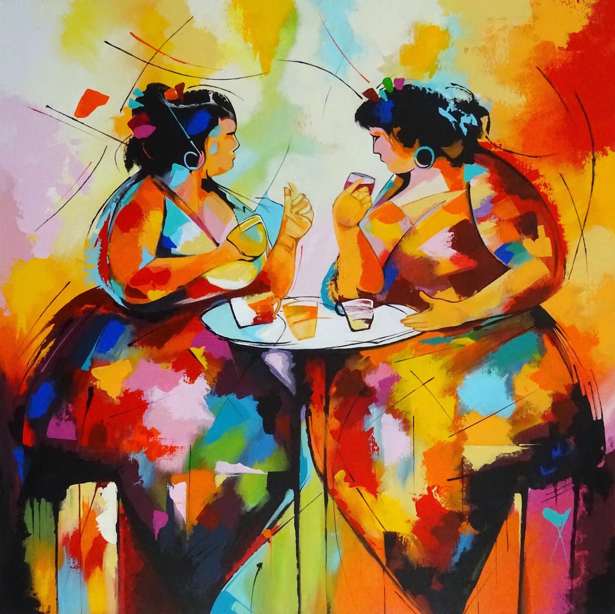 Expressive Portrait Acrylic Painting By Livien Rozen, 28 X 28", Abundance - To Be Together, Original Artwork