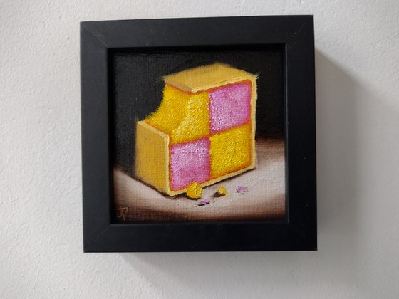 Little Battenberg cake slice still life