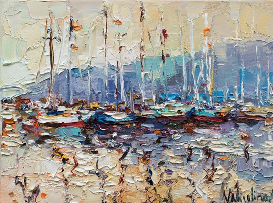 Sailing yachts in marina  Original seascape painting