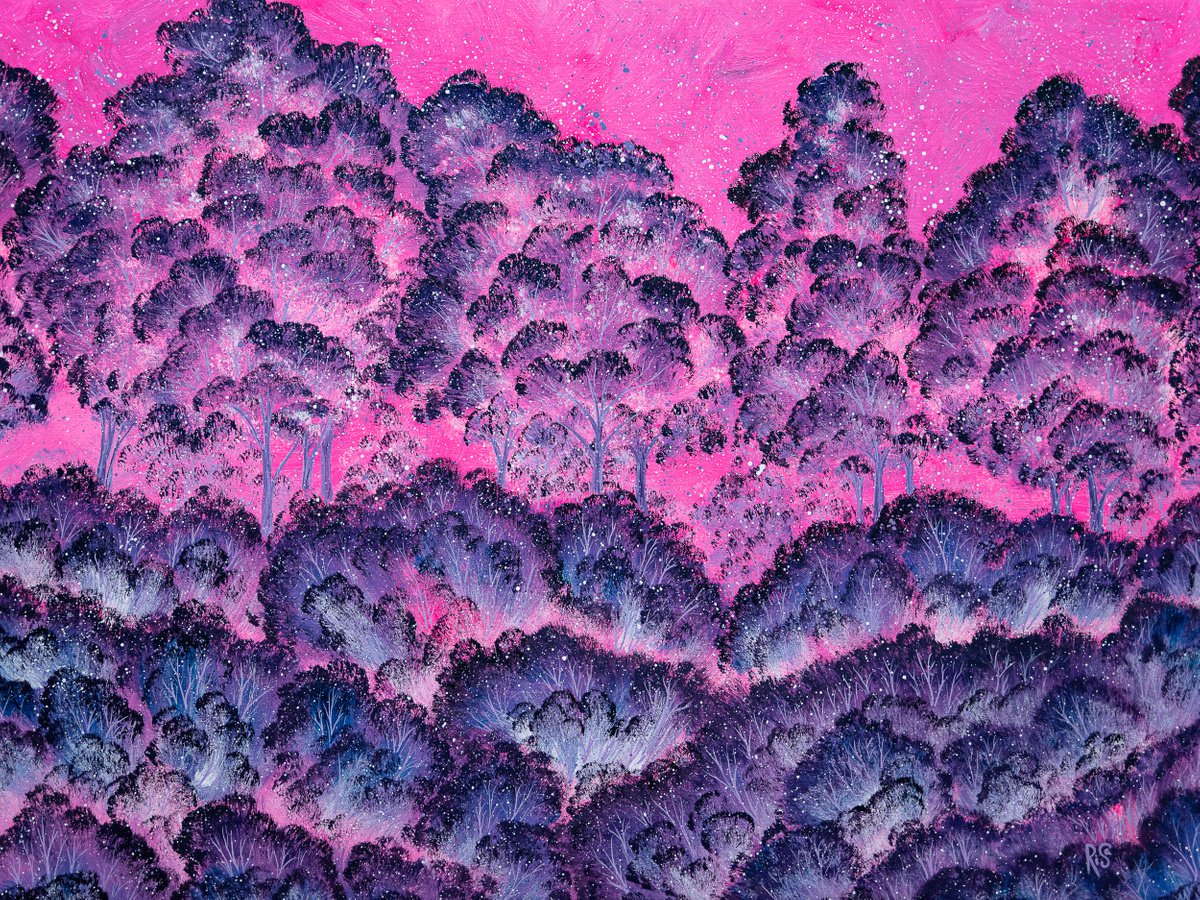 MAGIC GARDEN - XL abstract landscape 60x80 cm, pink, violet, very peri, forest, sumi-e pai... by Rimma Savina