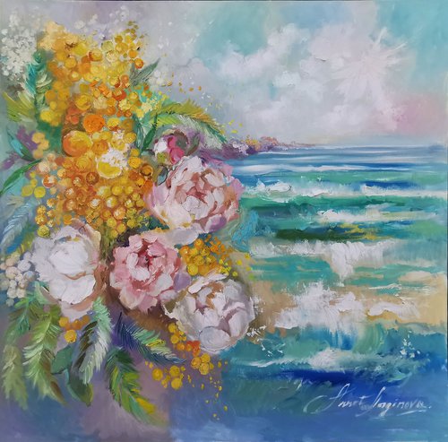 Floral painting with sea, Oean wall art, Flowers original painting by Annet Loginova