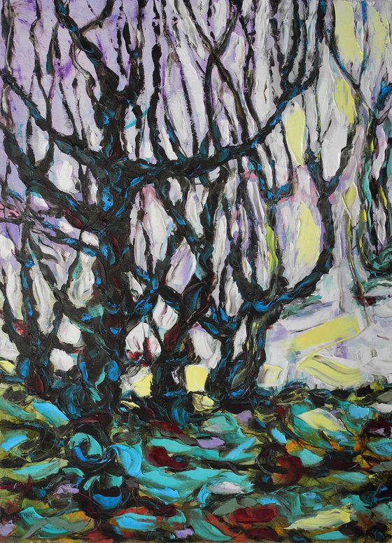 Awakening - palette knife impasto painting impressionistic tree alla prima original artwork vertical