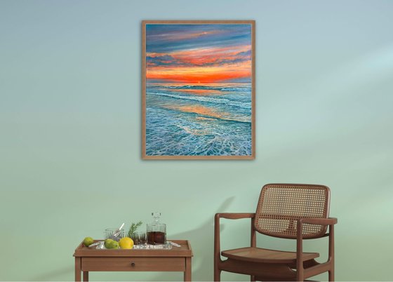 "Let The Sunshine In"- Original Oil painting of Sunset; Seascape; Ocean wall art; Coastal wall art; Wave canvas; Marine; Oil painting; Waves; Sea; Ocean.