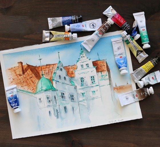 Houses in Dresden. Original watercolor artwork.