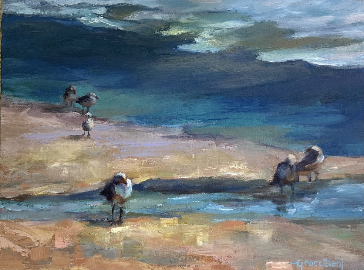 Photorealistic Animal Oil Painting By Grace Diehl, 12 X 9, Coastal Companions, Original Artwork