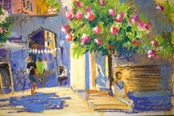 Monterosso. Italian summer. Sunny urban landscape. Medium size oil pastel impressionistic interior painting travel decor cinque terre