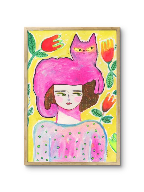 Cat lady with pink cat on head folk art