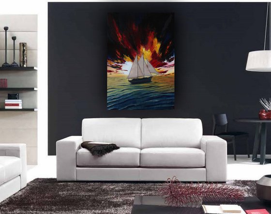 Ship in the sunset, 70x100 cm