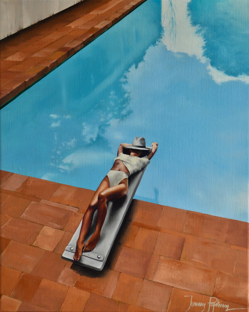Urban And Pop Portrait Oil Painting By Johnny Popkess, 18 X 22, Poolside, Original Artwork