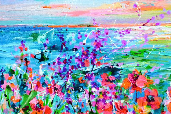 Wild Flowers and Poppies on the Seaside Cliff