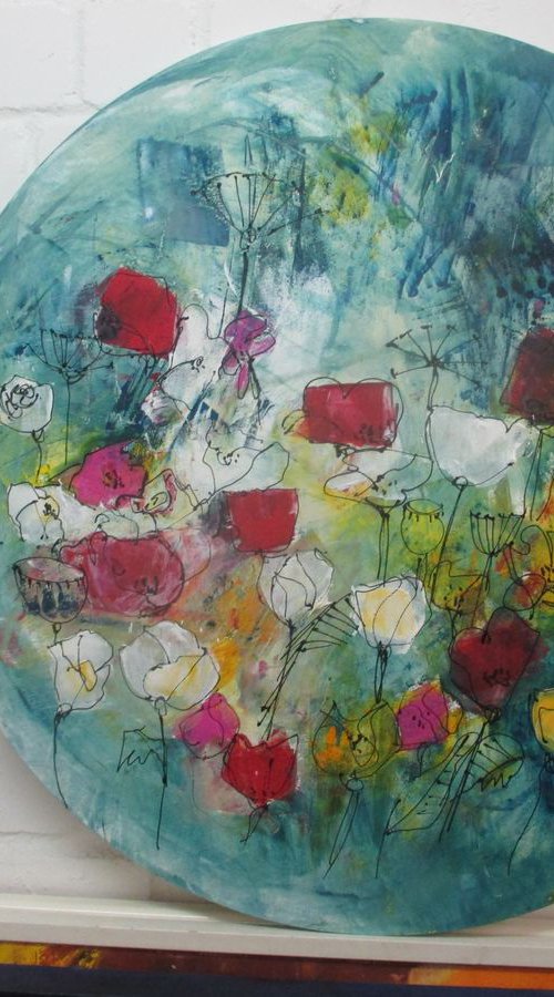 abstract spring flowers Oilpainting round canvas 31,5 inch by Sonja Zeltner-Müller