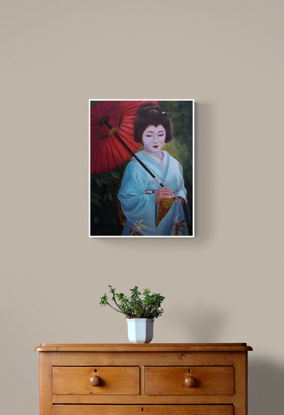 Geisha in kimono with red umbrella, portrait number 10