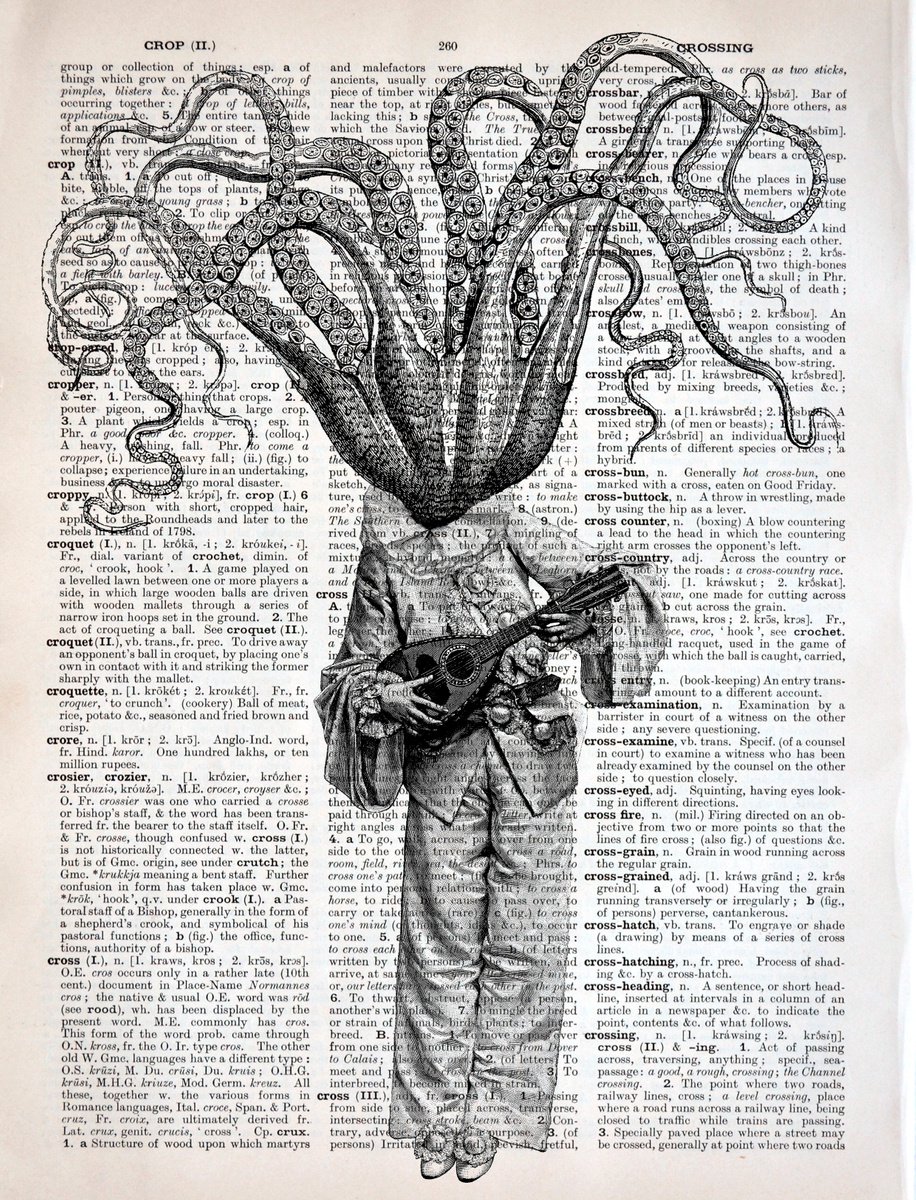 Octopus Pierrot - Collage Art Print on Large Real English Dictionary Vintage Book Page by Jakub DK - JAKUB D KRZEWNIAK
