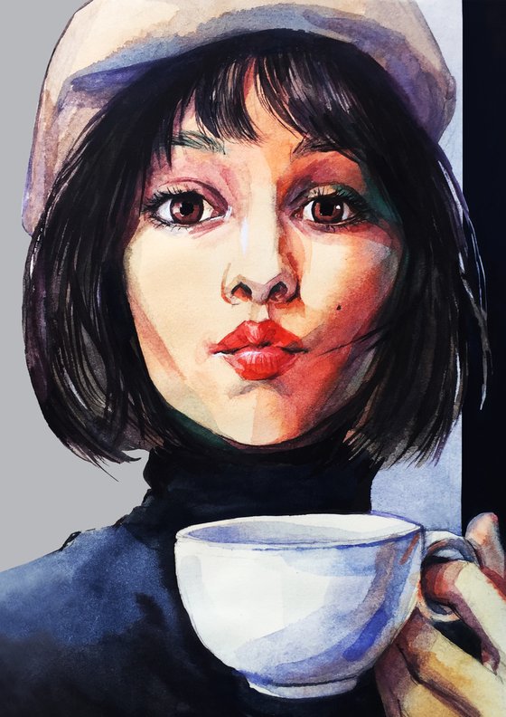 Girl with a cup of coffee, painting and print. Home decor