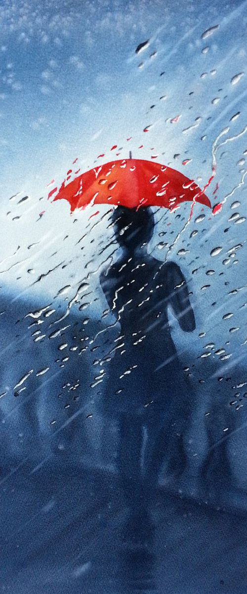 Girl With Red Umbrella - red u by Olga Beliaeva Watercolour