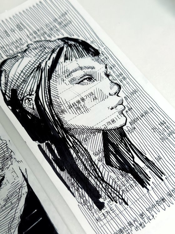 Sketches on shop receipts. Woman portraits. Set of 4