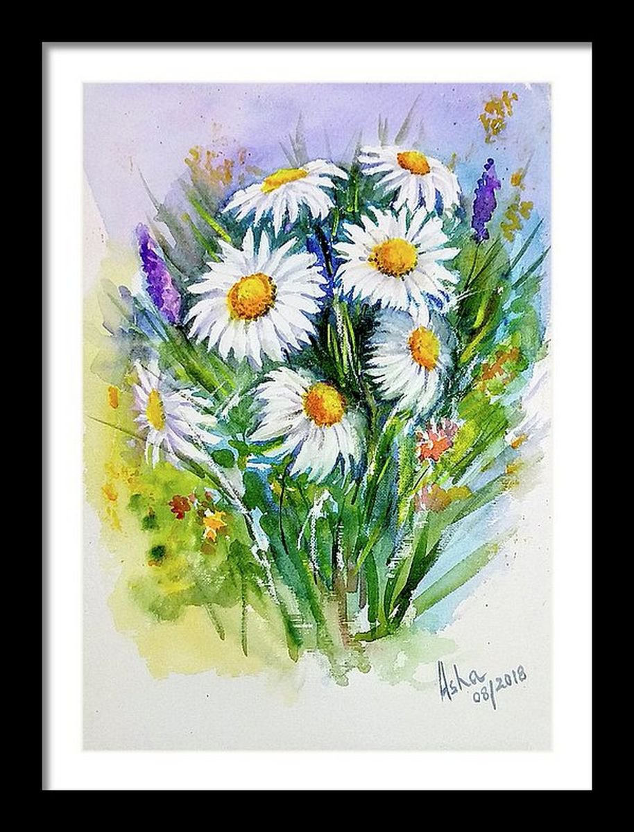 Daisies Floral Watercolor Gift Painting -10.25x 14 by Asha Shenoy