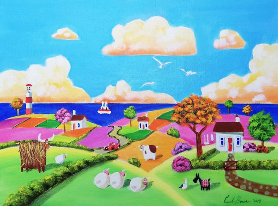 Cow & sheep seaside Folk art patchwork fields