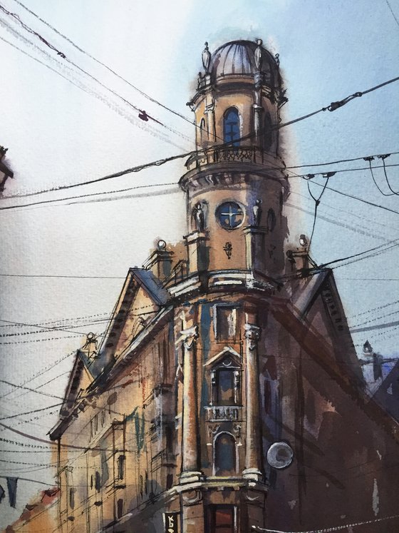 Watercolor cityscape. Saint Petersburg city.