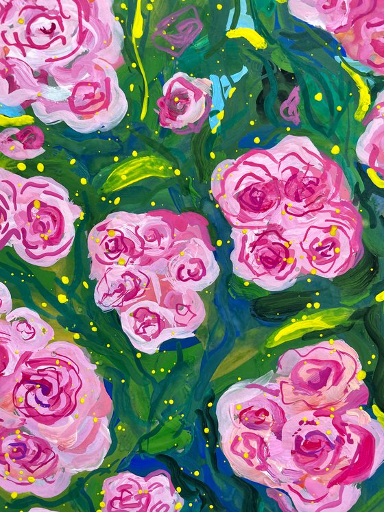 Roses Original Gouache Painting, Pink Flower Wall Art, Cottagecore Home Decor