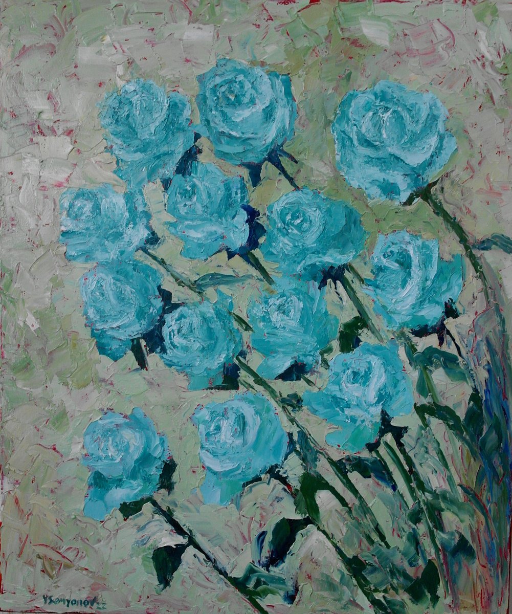 Expressive Botanical Oil Painting By Juri Semjonov, 20 X 24", Evening Roses, Original Artwork