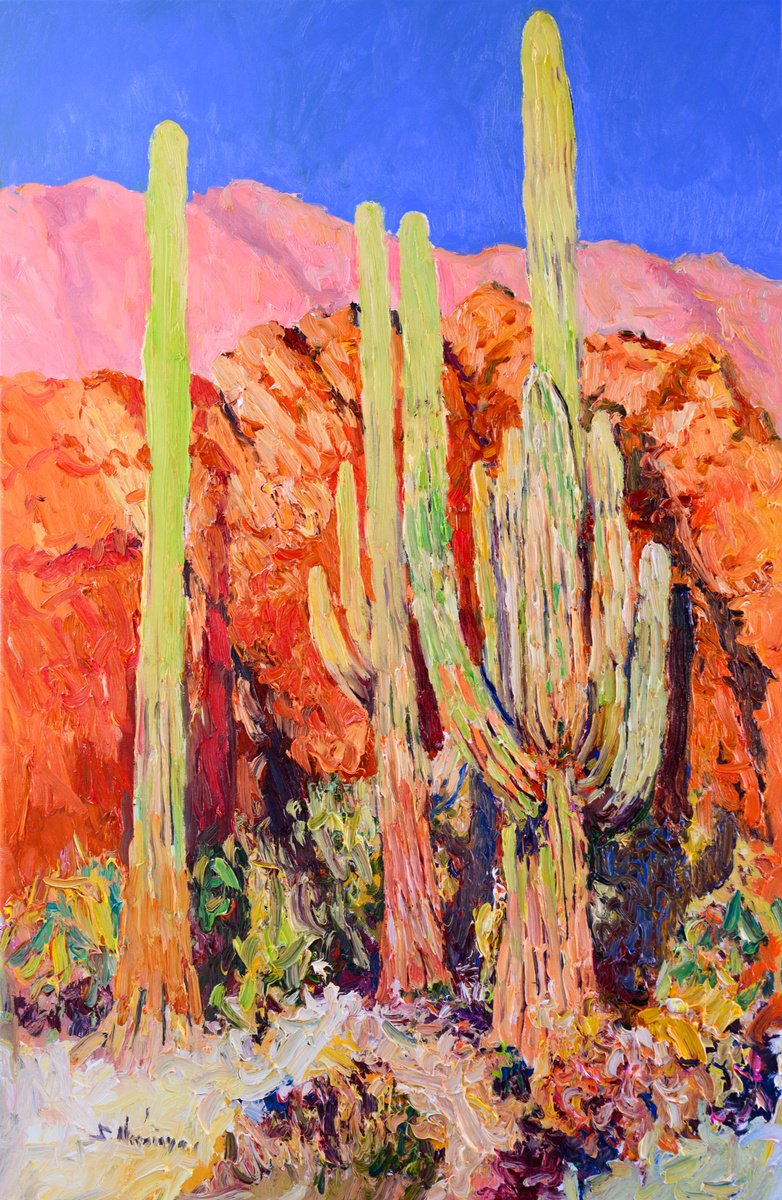 Expressive Landscape Oil Painting By Suren Nersisyan, 24 X 36", Saguaro Cactuses In Arizona, Original Artwork