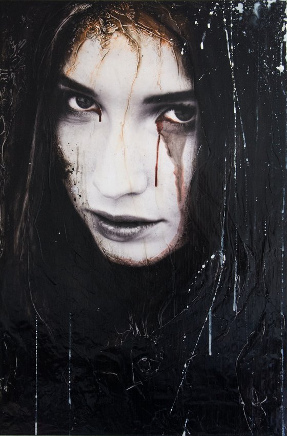 "Cry no more" (75x50x2.5 cm) - Unique portrait artwork on wood (abstract, portrait, gold, original, resin, beeswax, painting)