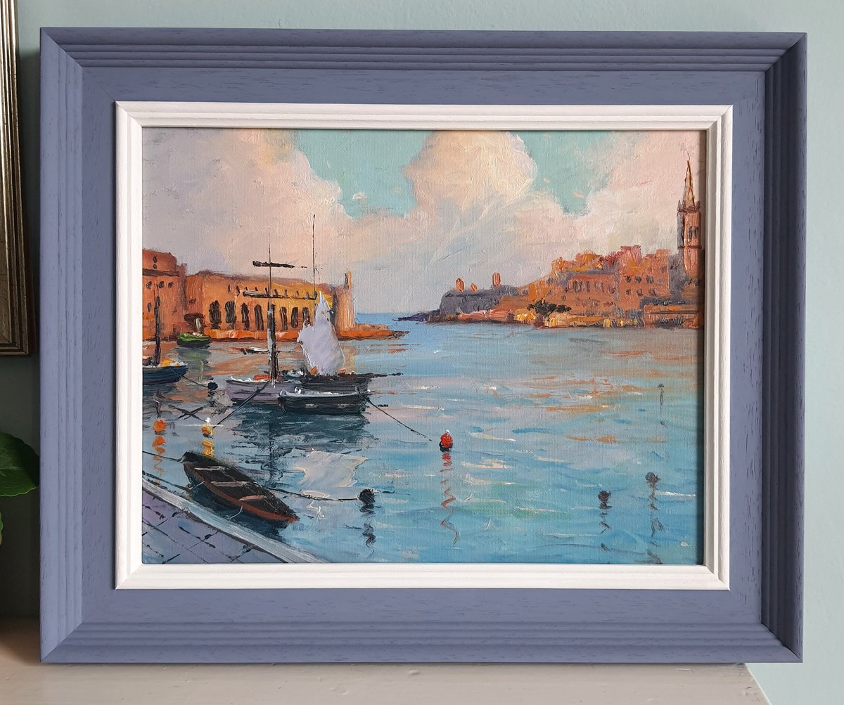 Impressionistic Landscape Oil Painting By Roberto Ponte, 18 X 15", Malta Valletta Golden Hour, Original Artwork