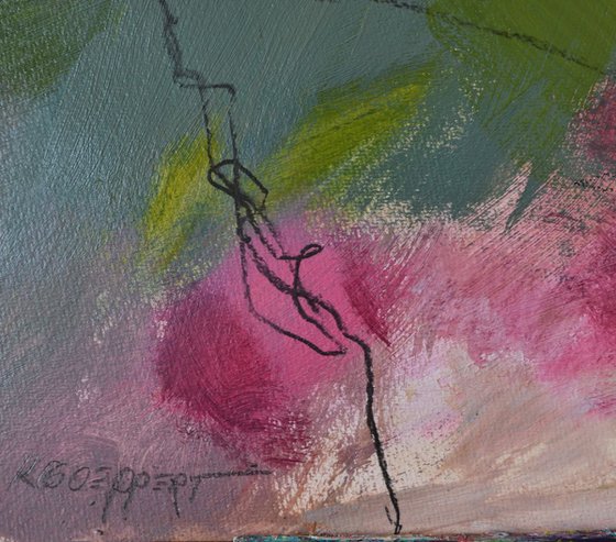 The scary Climb - Abstract mixed media painting in pink and blue