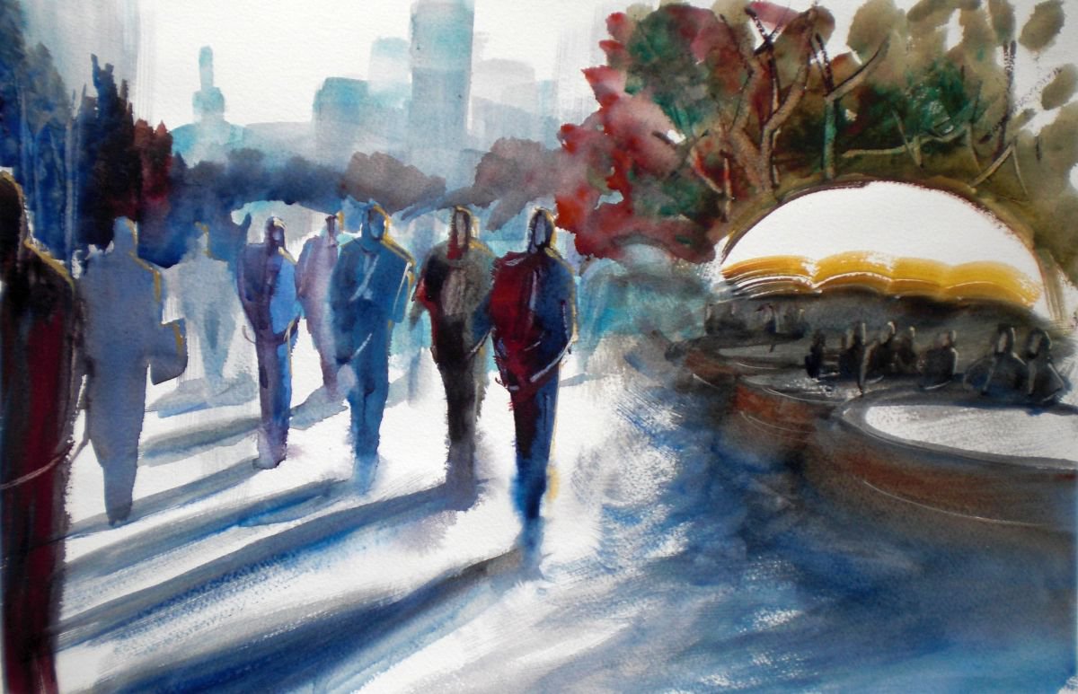 Expressive Portrait Watercolour By Giorgio Gosti, 17 X 11, Walking People, Original Artwork