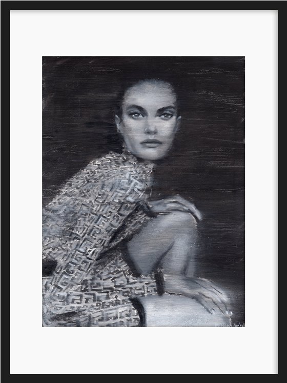 Barbara | Black and white oil painting on paper | fashion muse model woman lady wearing Fendi