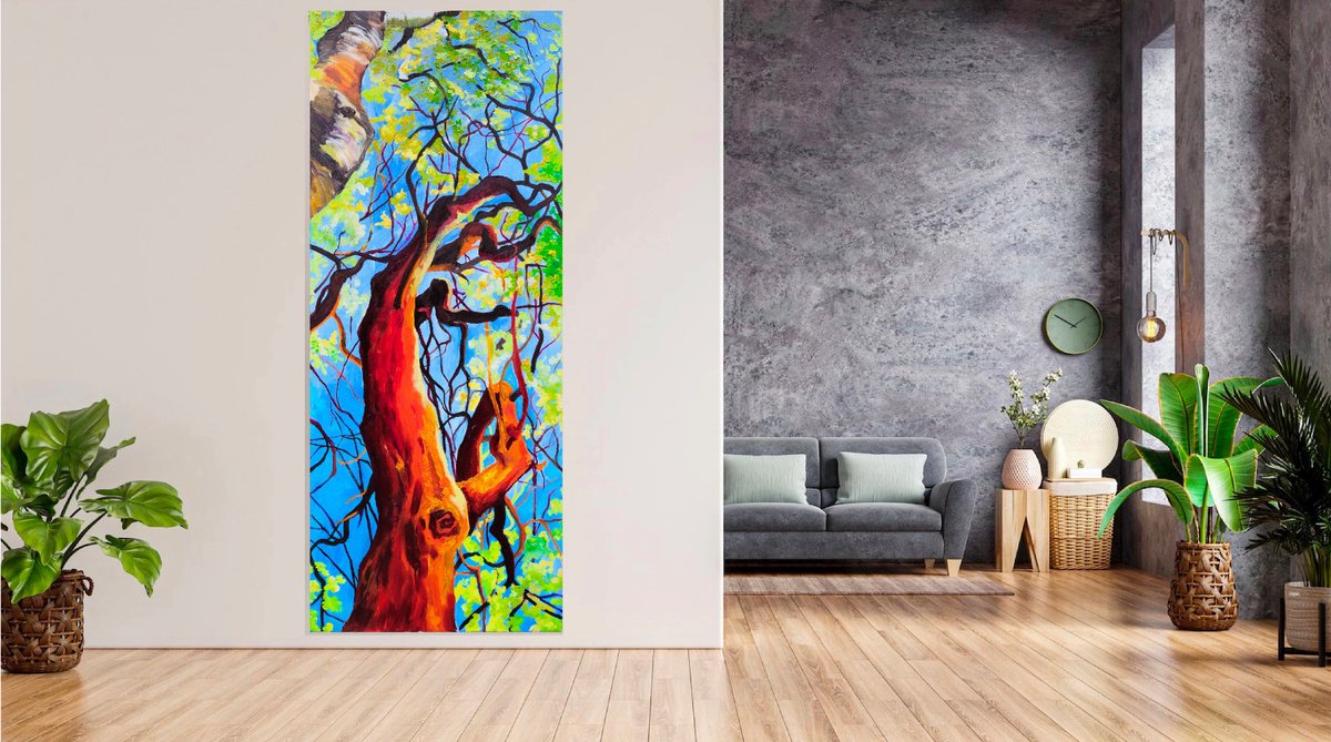 Botanical Oil Painting By Wedad Alamin, 22 X 55", Tall Tree Ii 3/22, Original Artwork