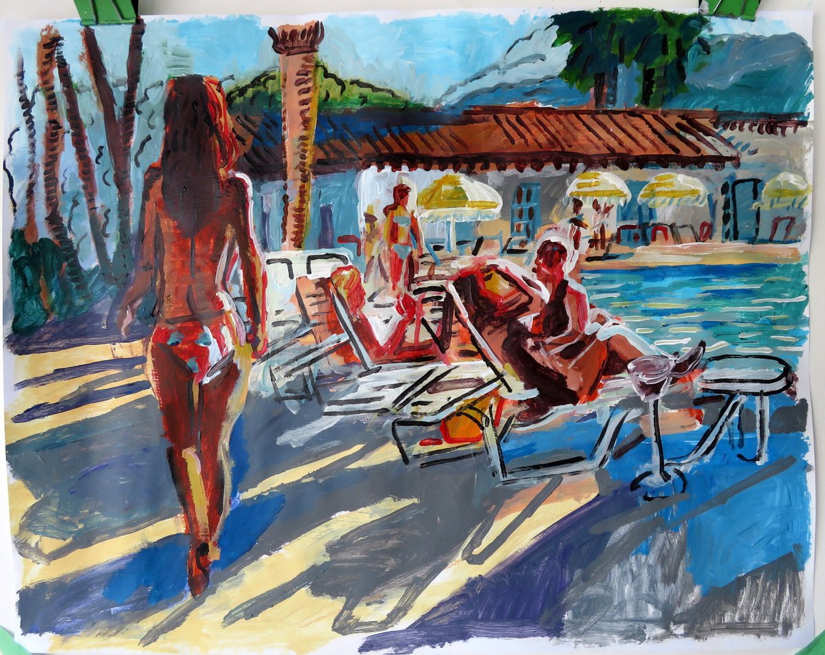  Swimming Pool Scene With Figure Walking By Stephen Abela, 28 X 22, Artwork For Sale On Artfinder