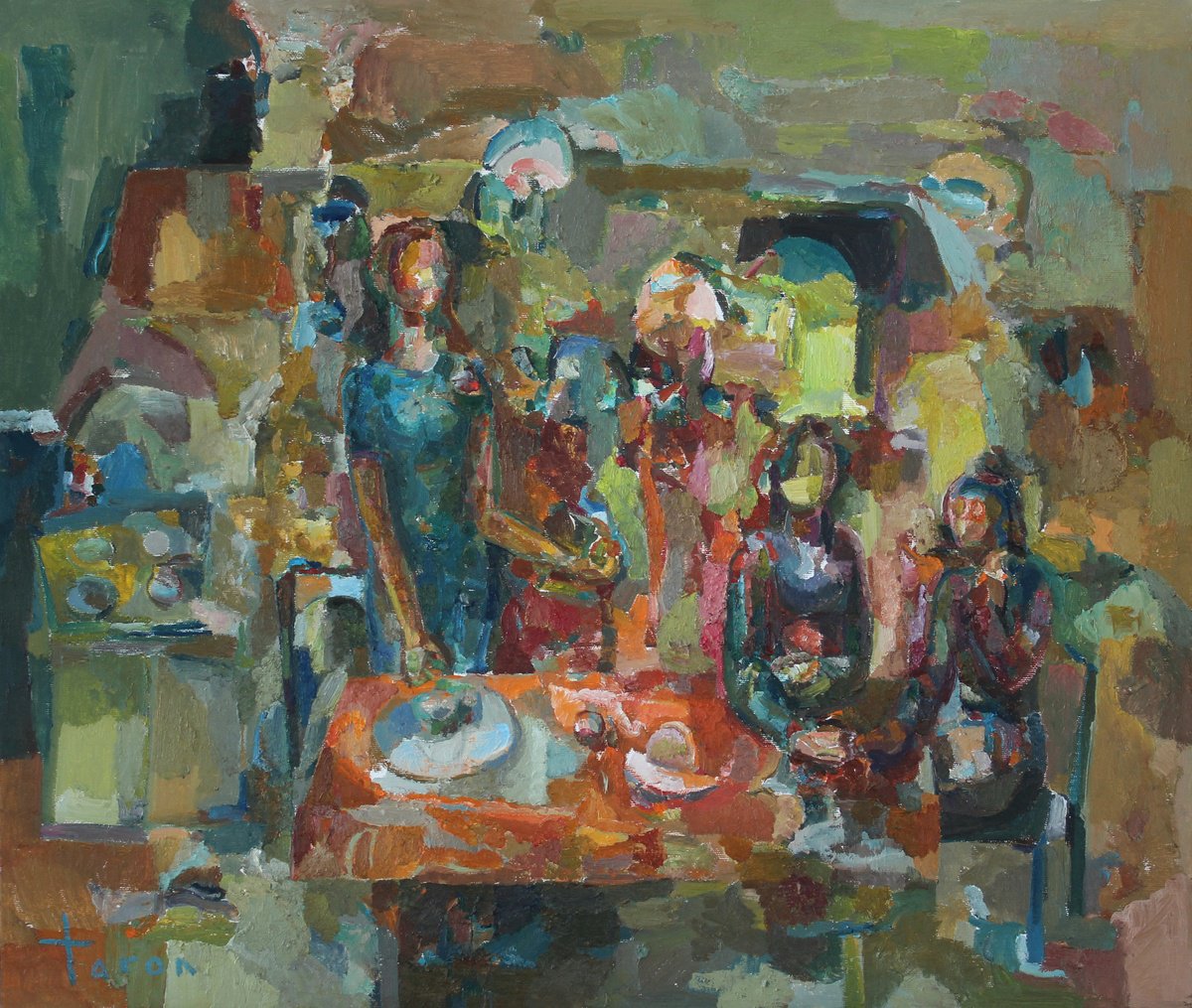 Abstract Portrait Oil Painting By Taron Khachatryan, 26 X 22", Heart-To-Heart Talk, Original Artwork