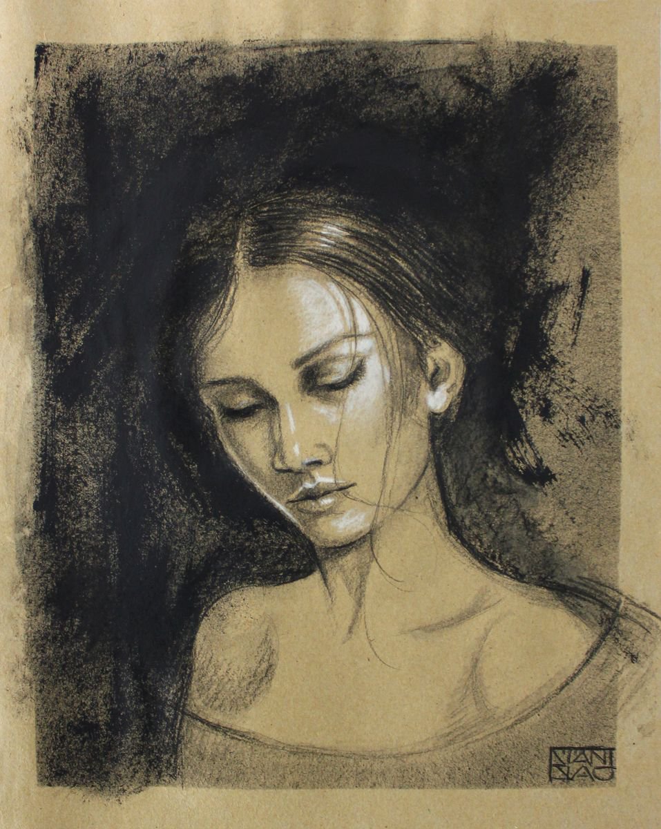 Expressive Portrait Charcoal Drawing By Vincenzo Stanislao, 12 X 15", Study - Closed Eyes, Original Artwork