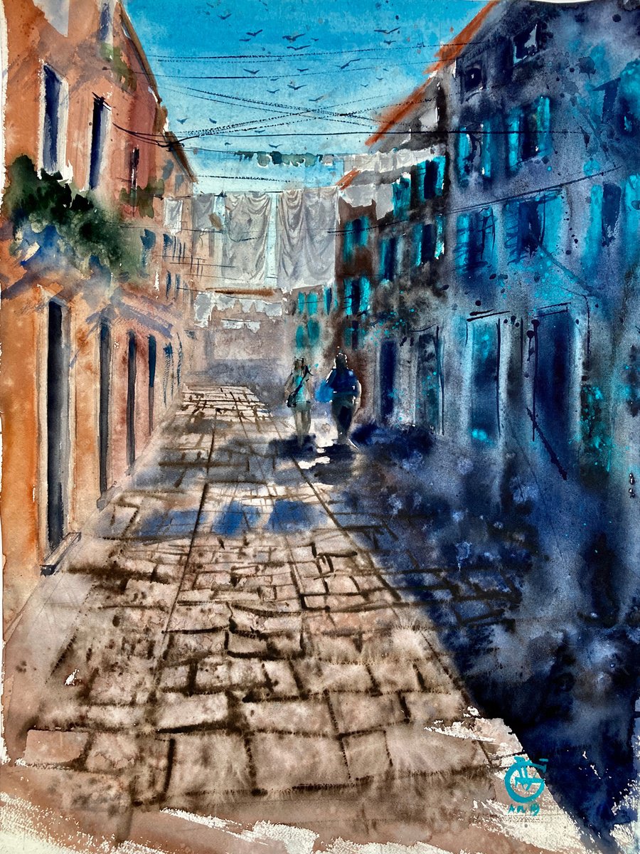 Impressionistic Cityscapes Watercolour By Valeria Golovenkina, 22 X 30", San Marco Laundry, Original Artwork