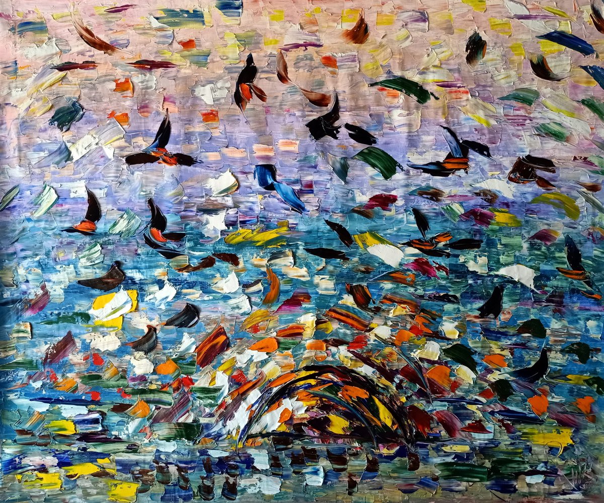 Impressionistic Abstract Oil Painting By Antonino Puliafico, 59 X 47, Ali Al Crepuscolo, Original Artwork