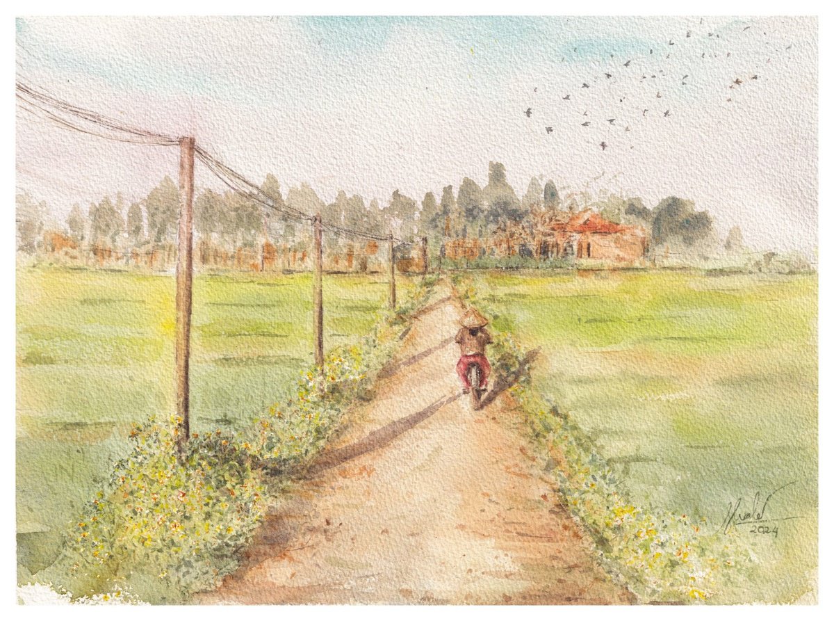 Landscape Watercolour By Hua Le, 15 X 11, Rice Fields, Original Artwork