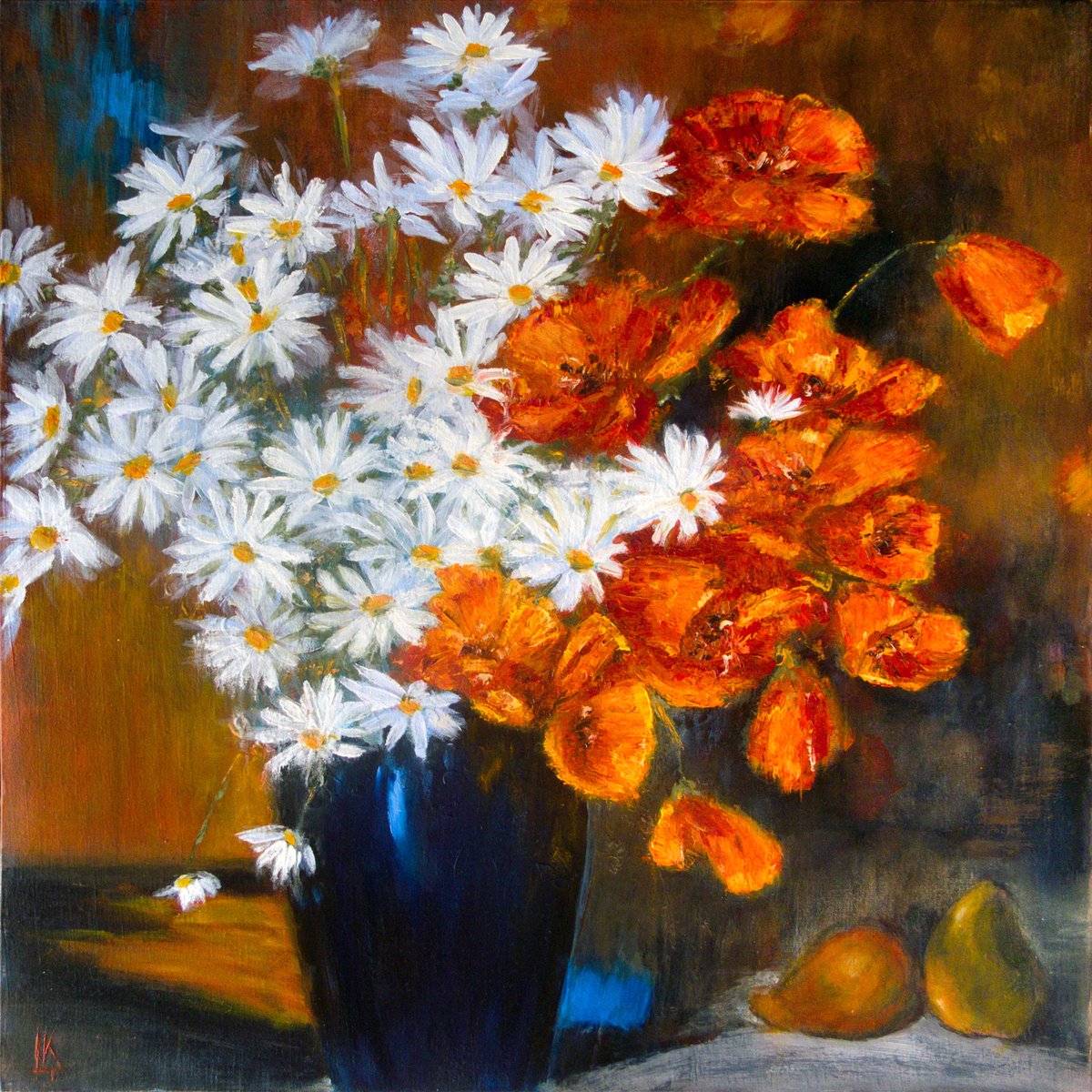 Chamomiles and poppies in a vase by Ludmila Kovalenko