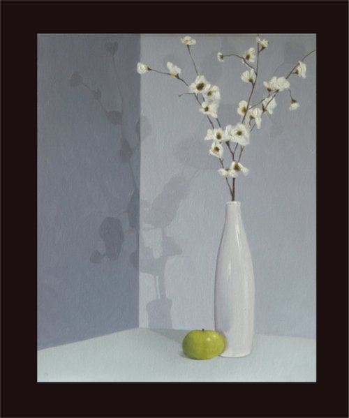 White vase, flowers and apple by Mike Skidmore