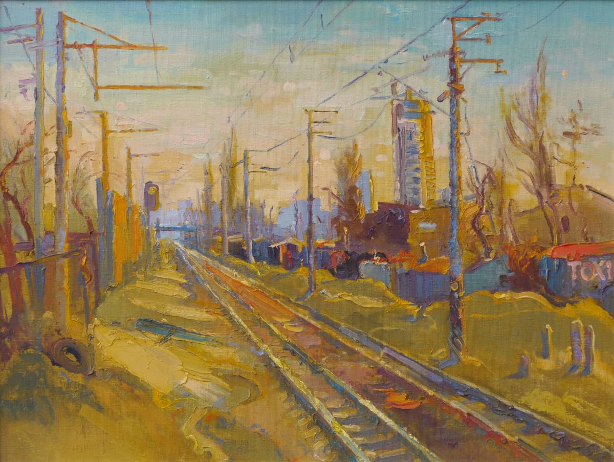 Impressionistic Cityscapes Oil Painting By Victor Onyshchenko, 31 X 24", Railway, Original Artwork