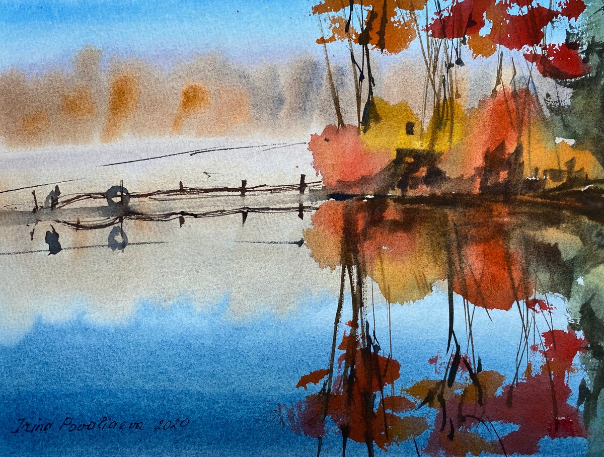Autumn river original art work, blue sky and red tree and in small painting by Irina Povaliaeva