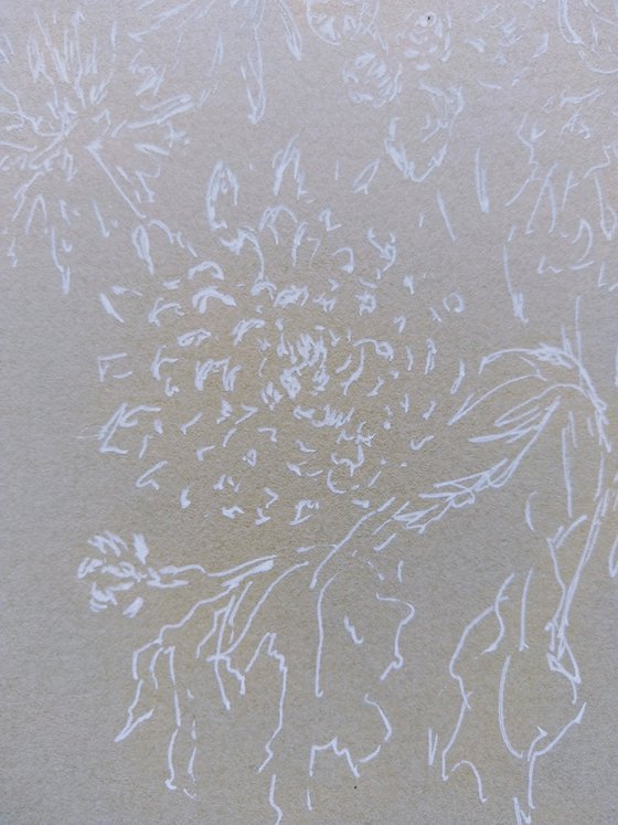 Autumn flowers. Drawing in white ink on gray paper.