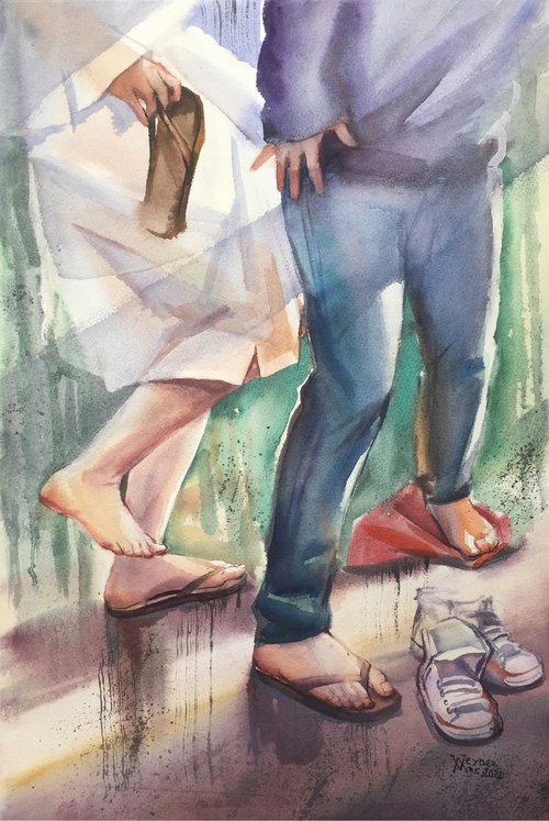Barefoot in the rain. People in the rain painting. by Natalia Veyner