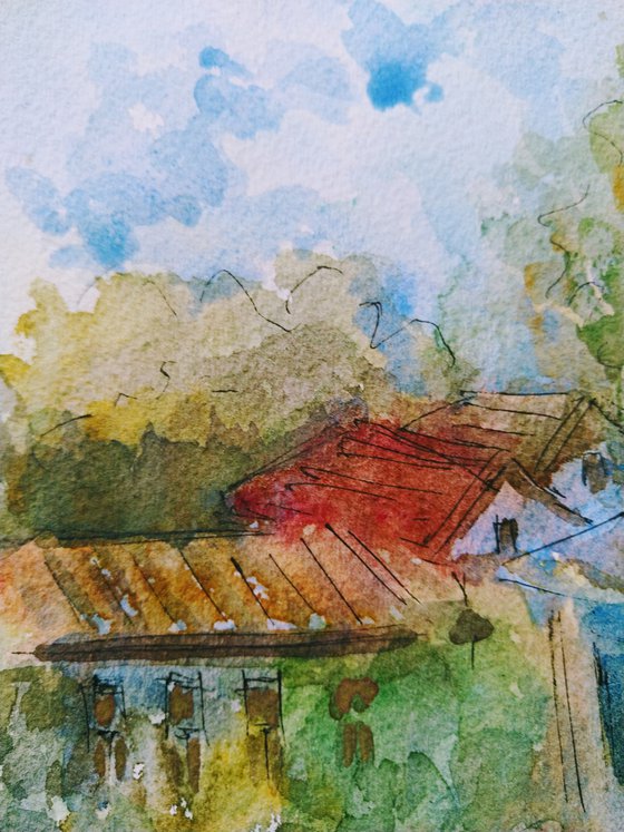 Rural sketch. Original watercolour painting