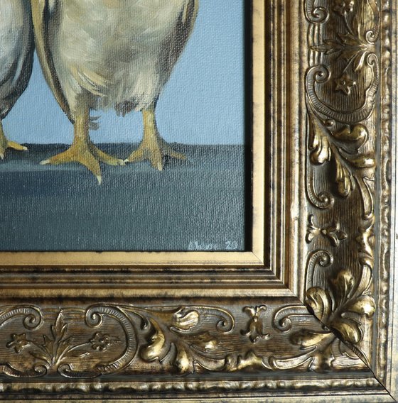 Chickens in a Row, Chicken Painting, Animal Artwork, Nature Wall Decor Framed and Ready to Hang Oil Painting by Alex Jabore Active